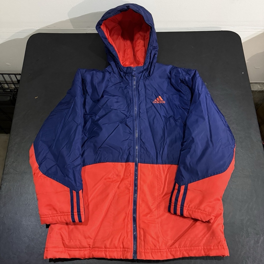 Vintage Adidas 90s Jacket Boys Navy Orange Medium 10/12 Zip-Up Hooded‎ Puffer